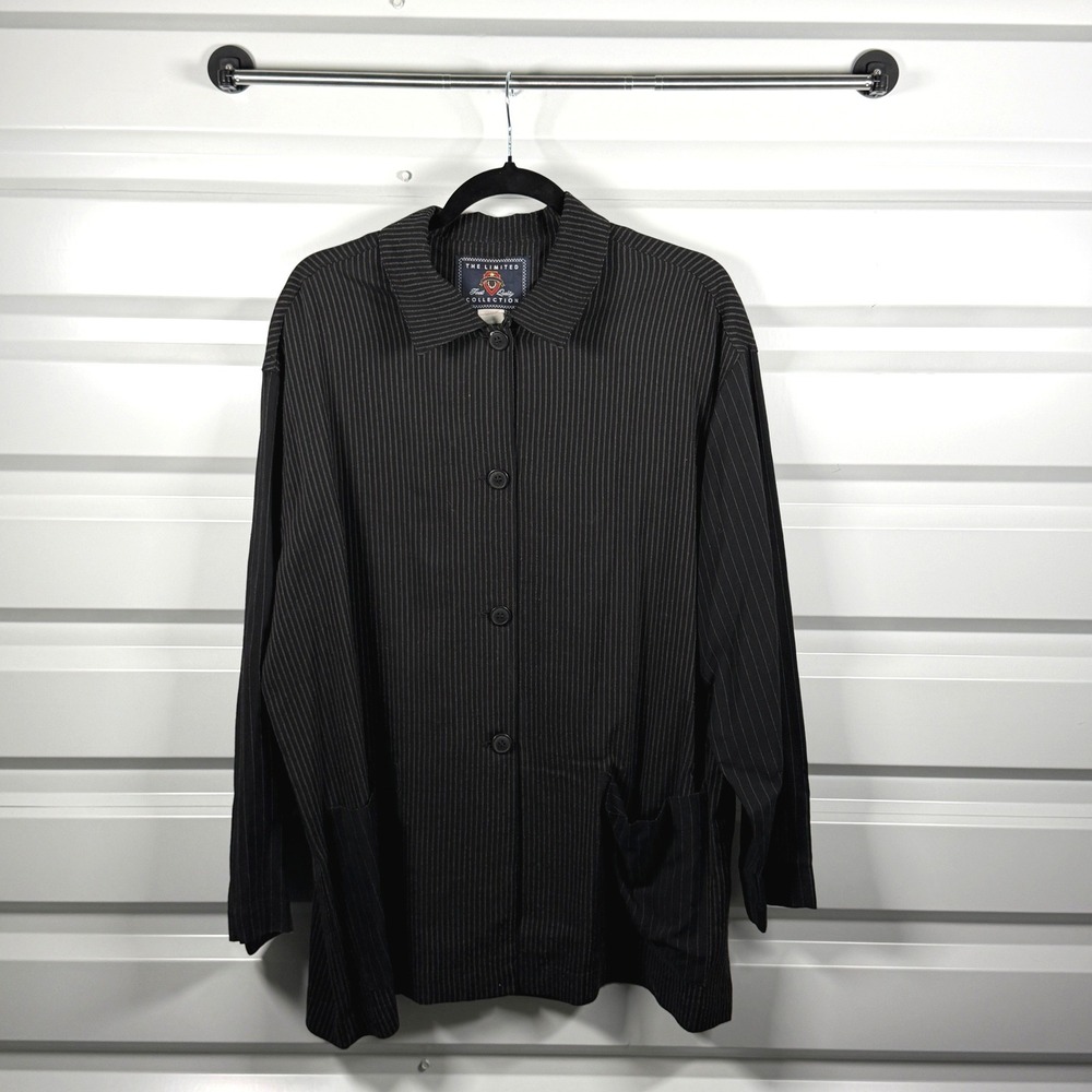 The Limited Black Pinstripe Button Down Shirt Jacket Womens Large Front Pockets‎